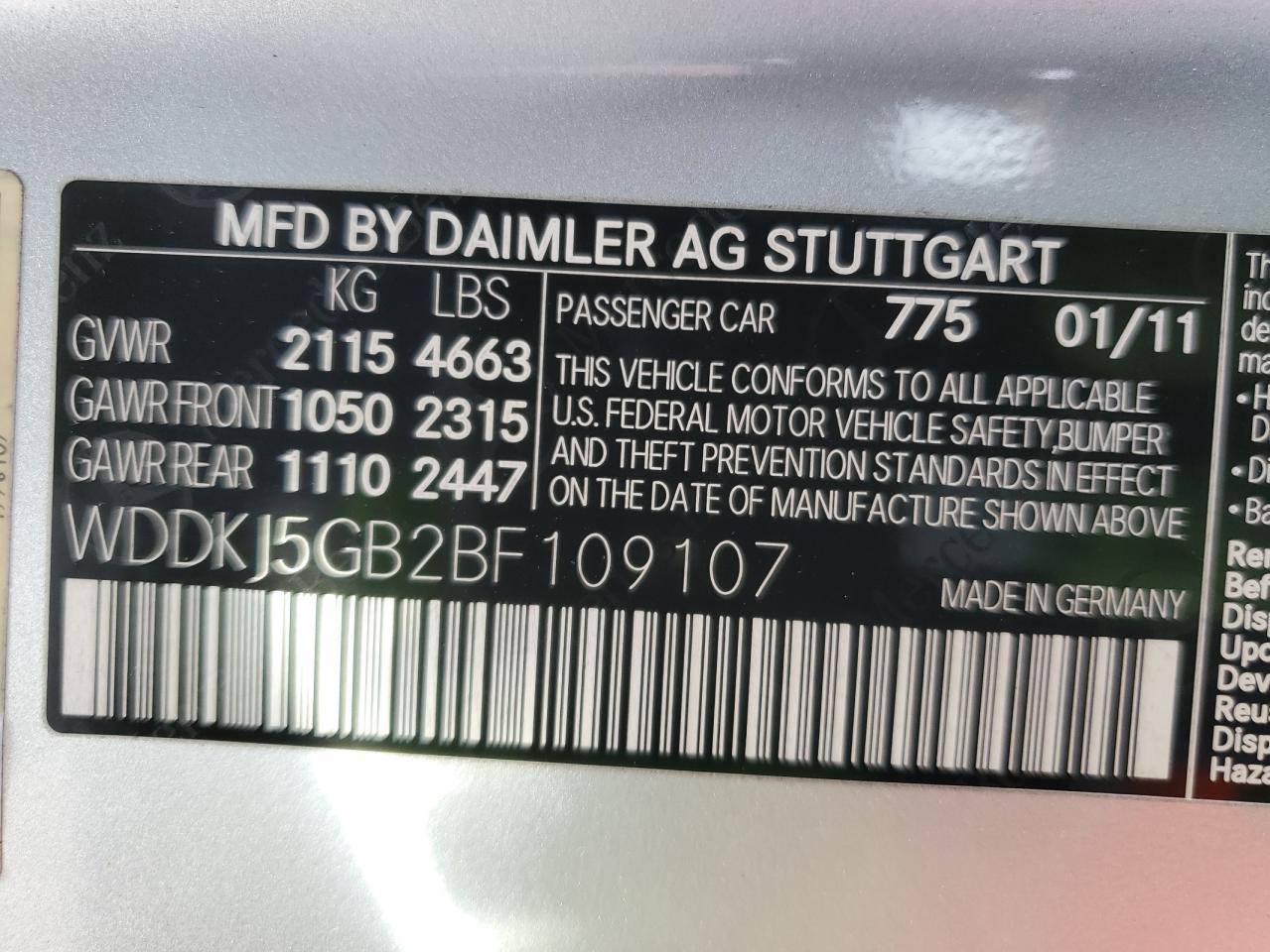 2011 Mercedes-Benz E 350 VIN: WDDKJ5GB2BF109107 Lot: 78748344