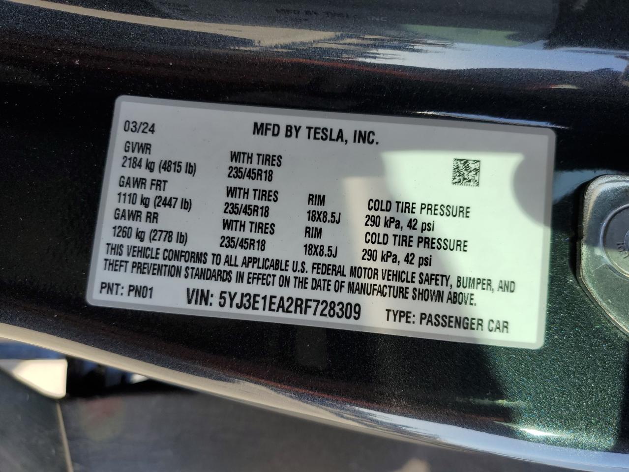 2024 Tesla Model 3 VIN: 5YJ3E1EA2RF728309 Lot: 79130884