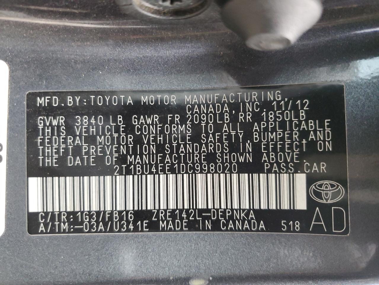 VIN 2T1BU4EE1DC998020 2013 TOYOTA COROLLA no.12