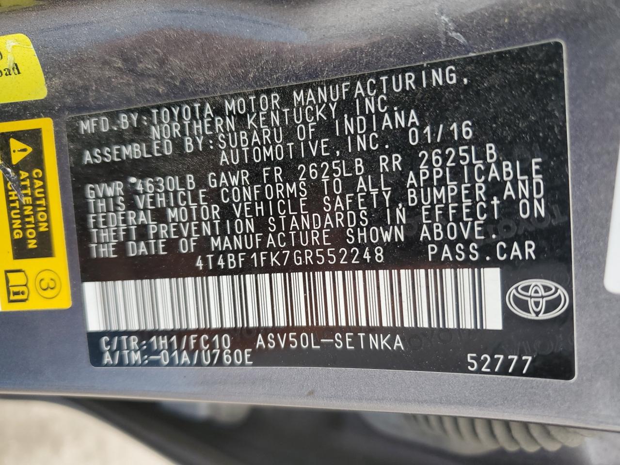 VIN 4T4BF1FK7GR552248 2016 TOYOTA CAMRY no.12