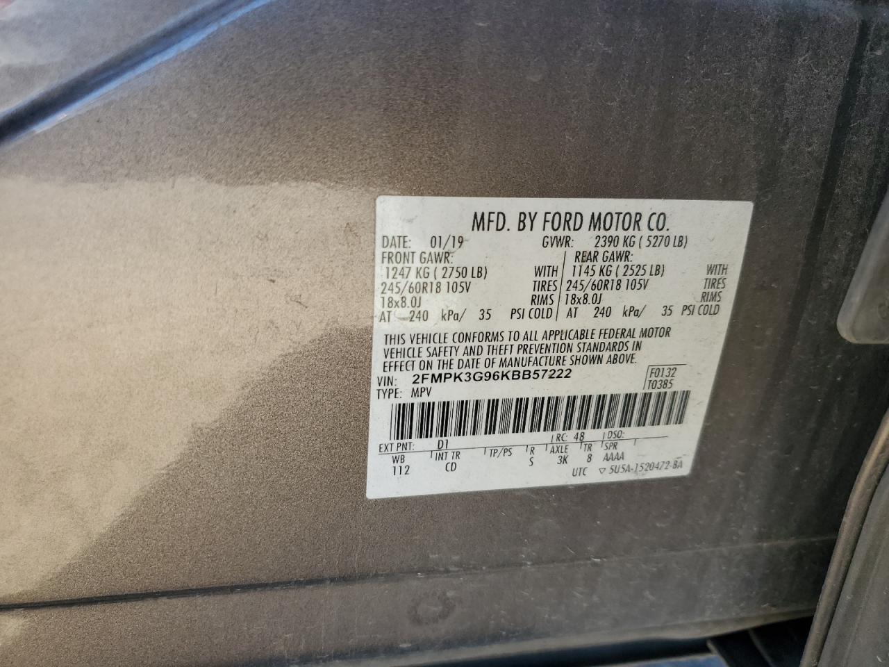 VIN 2FMPK3G96KBB57222 2019 FORD EDGE no.13