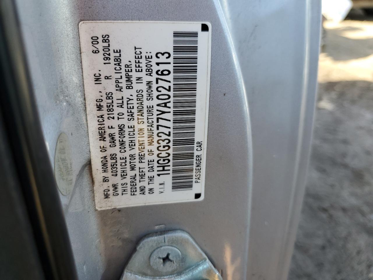 1hgcg3277ya027613 1HGCG3277YA027613 2000 Honda Accord Ex