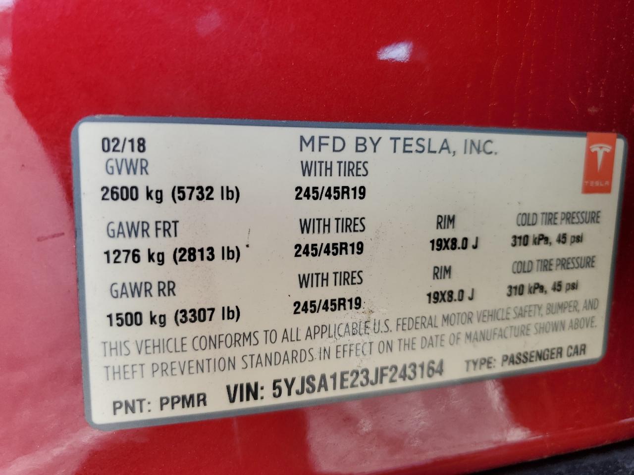 2018 Tesla Model S VIN: 5YJSA1E23JF243164 Lot: 80588734