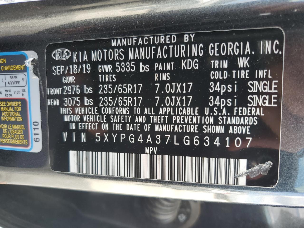 2020 Kia Sorento L VIN: 5XYPG4A37LG634107 Lot: 80506624