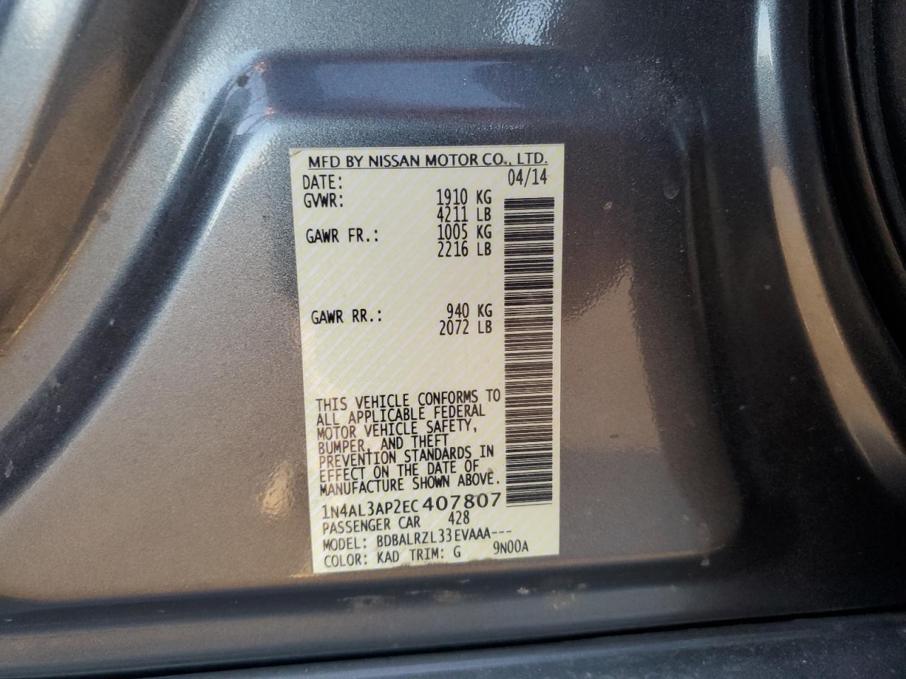 NISSAN ALTIMA 2014 VIN 1N4AL3AP2EC407807 photo 13