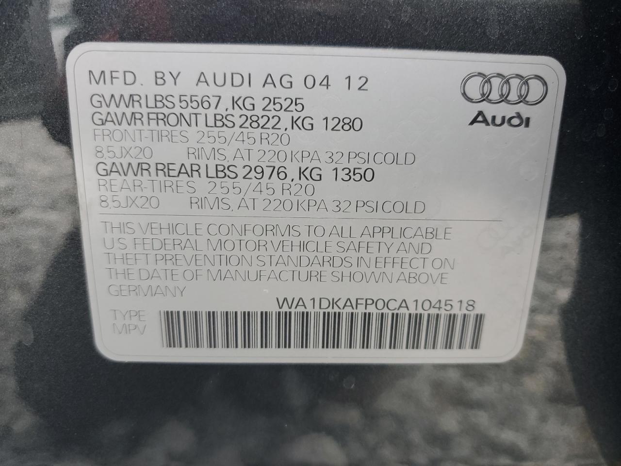 2012 Audi Q5 Premium Plus VIN: WA1DKAFP0CA104518 Lot: 78618294