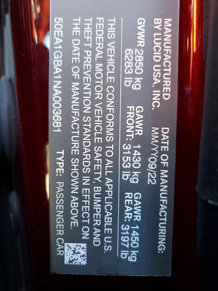 2022 Lucid Motors Air Grand Touring VIN: 50EA1GBA1NA003681 Lot: 79971334