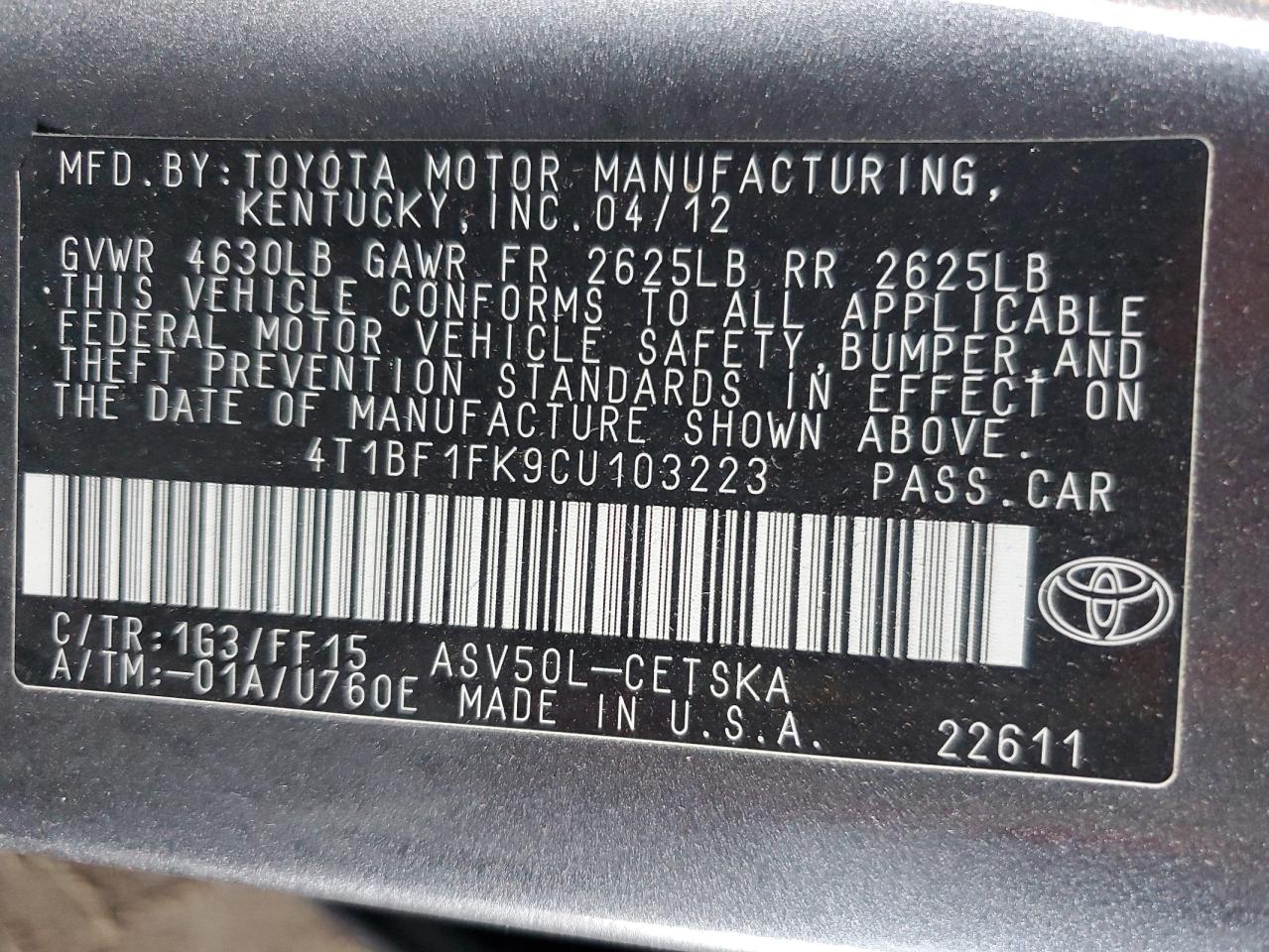 2012 Toyota Camry Base VIN: 4T1BF1FK9CU103223 Lot: 78693504