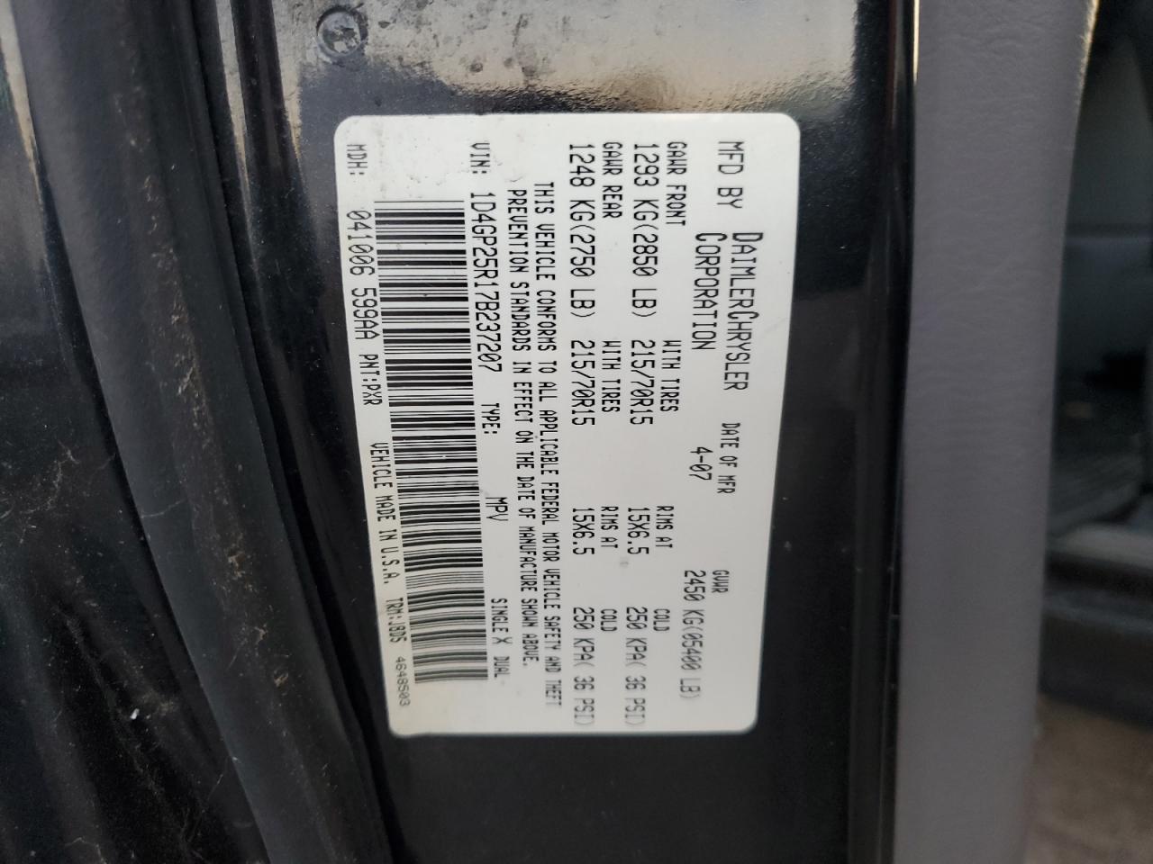 2007 Dodge Caravan Se VIN: 1D4GP25R17B237207 Lot: 81385184