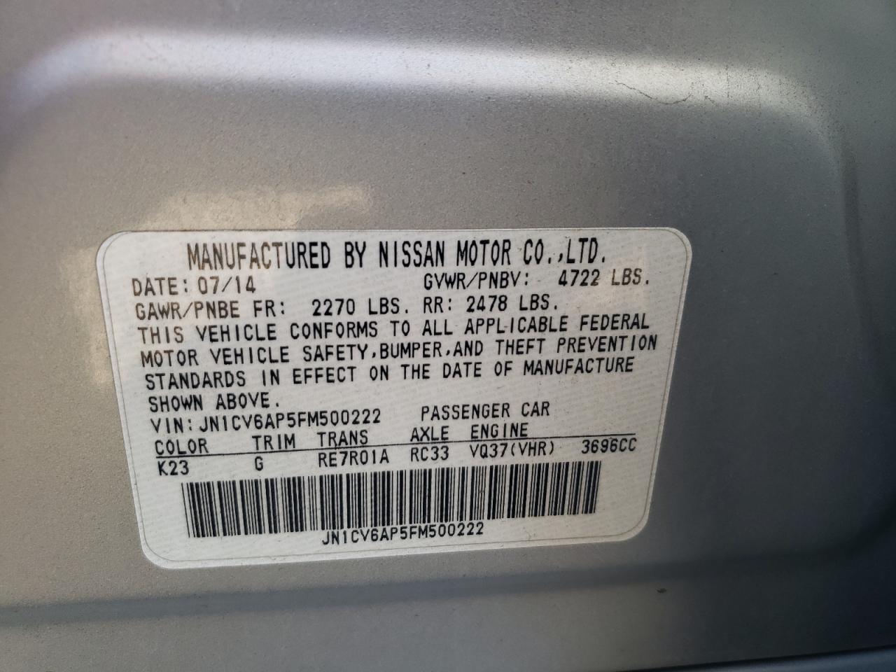 2015 Infiniti Q40 VIN: JN1CV6AP5FM500222 Lot: 81565324