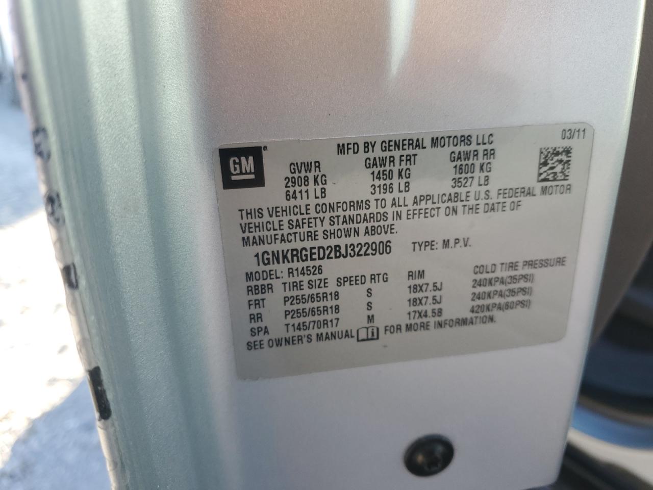 2011 Chevrolet Traverse Lt VIN: 1GNKRGED2BJ322906 Lot: 94376675