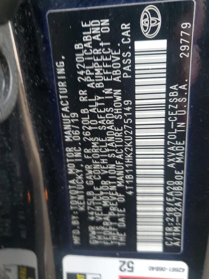 4T1B11HK2KU275149 2019 TOYOTA CAMRY - Image 12
