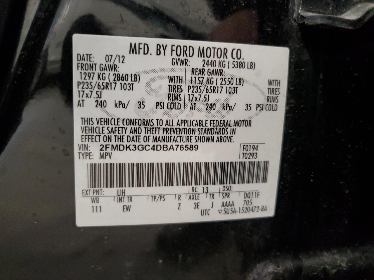 2013 Ford Edge Se VIN: 2FMDK3GC4DBA76589 Lot: 81563784