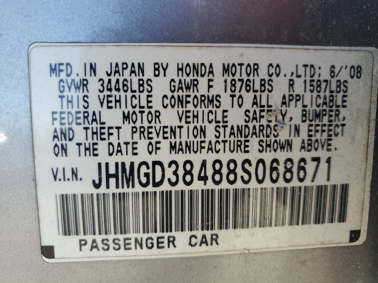 2008 Honda Fit VIN: JHMGD38488S068671 Lot: 79427604