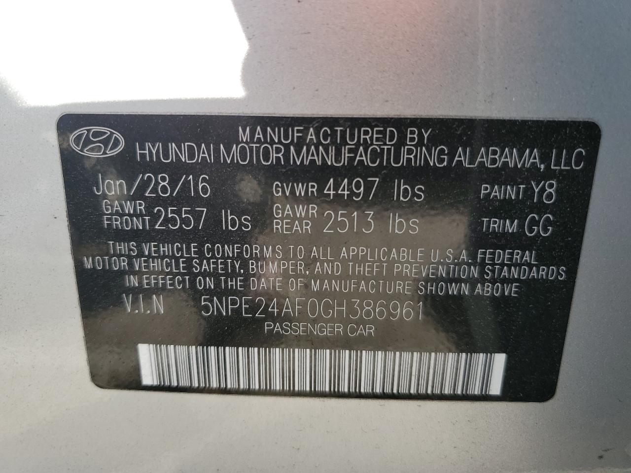 VIN 5NPE24AF0GH386961 2016 HYUNDAI SONATA no.12