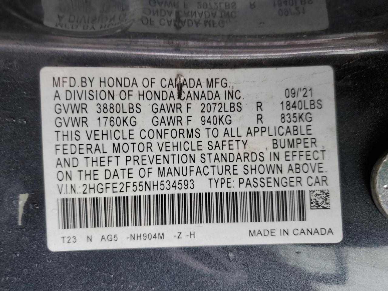 VIN 2HGFE2F55NH534593 2022 HONDA CIVIC no.12