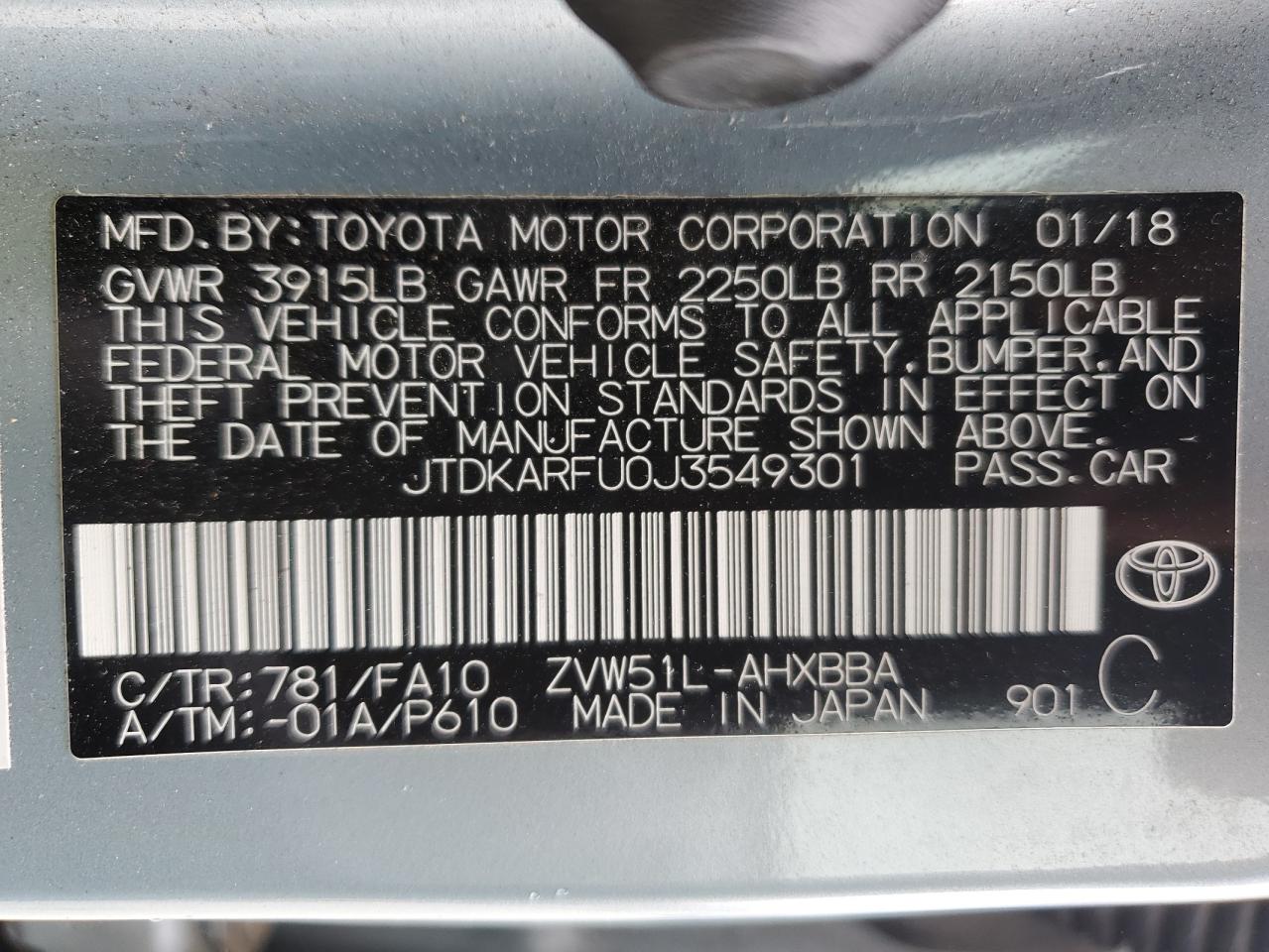 2018 Toyota Prius VIN: JTDKARFU0J3549301 Lot: 78795964