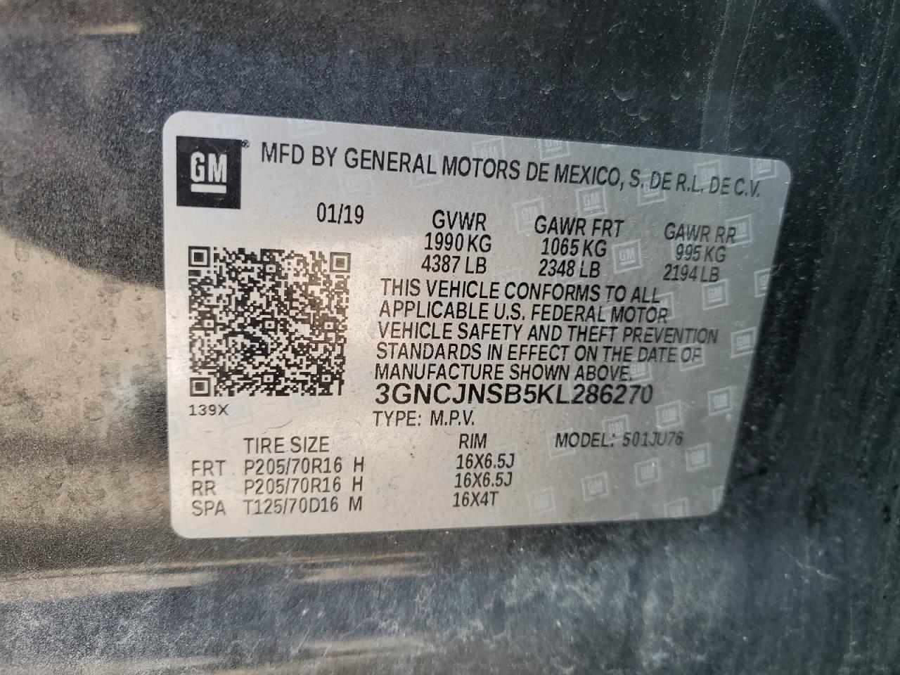 2019 Chevrolet Trax Ls VIN: 3GNCJNSB5KL286270 Lot: 80041004