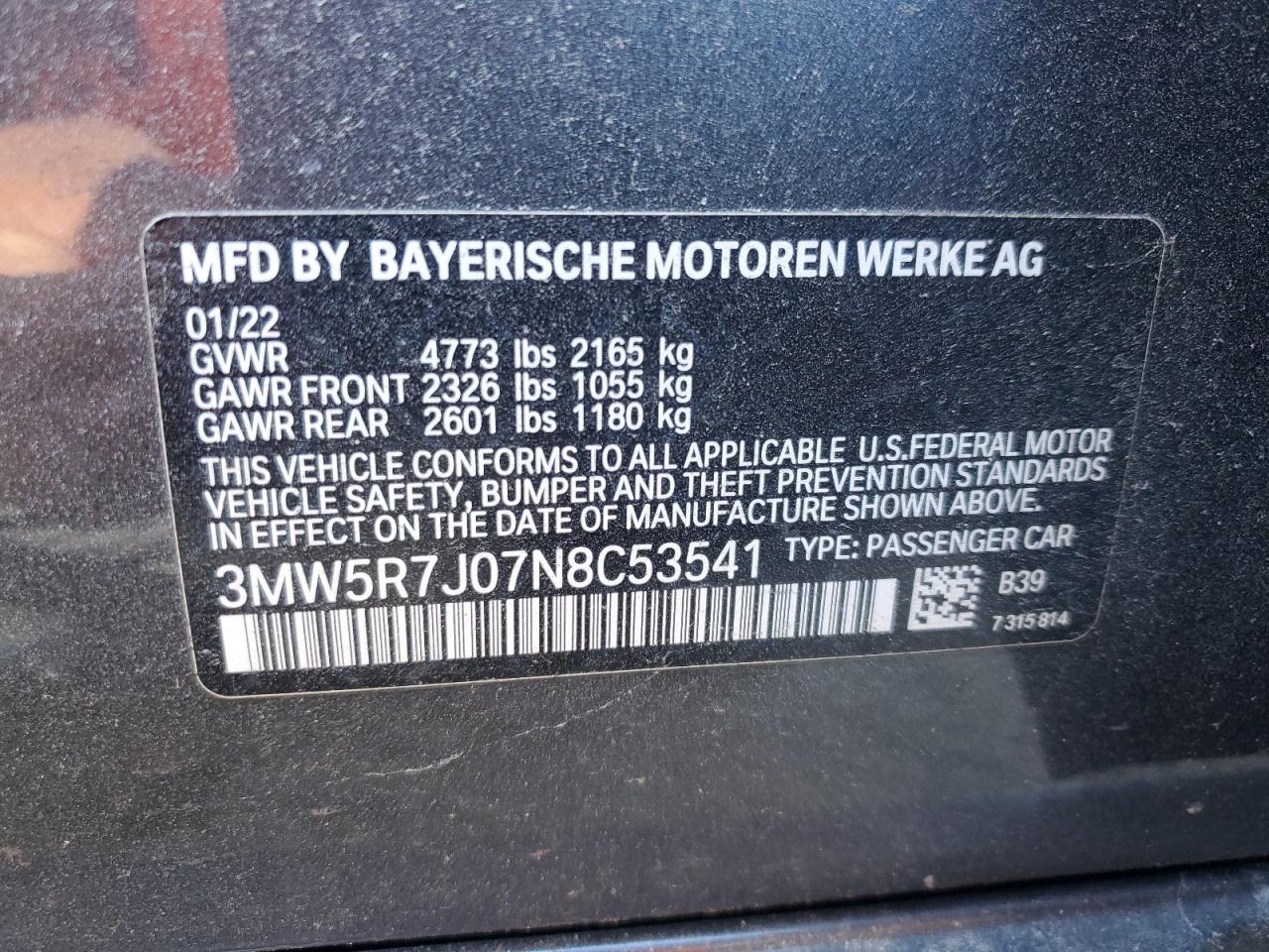 2022 BMW 330Xi VIN: 3MW5R7J07N8C53541 Lot: 80076874