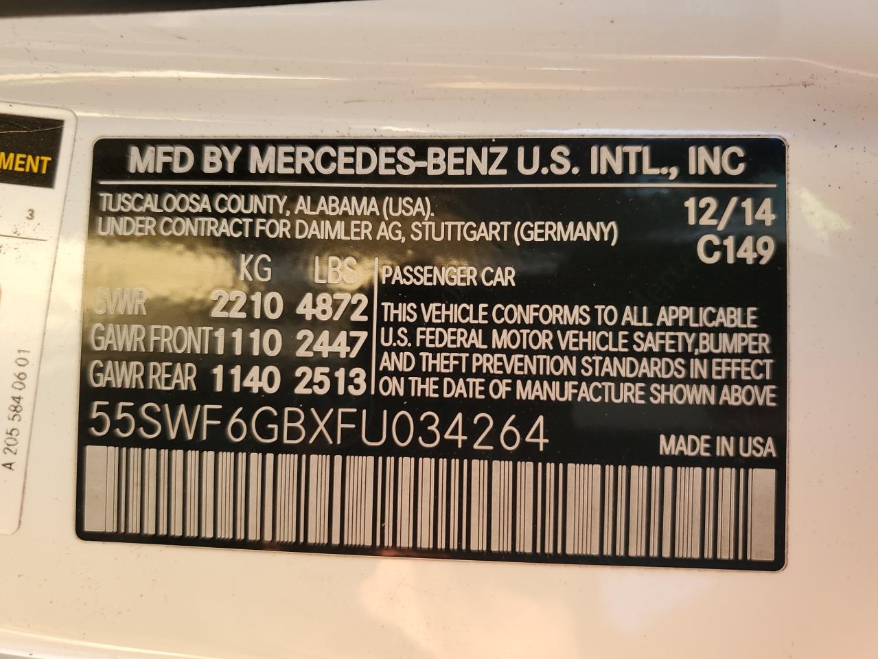 2015 Mercedes-Benz C 400 4Matic VIN: 55SWF6GBXFU034264 Lot: 80284234