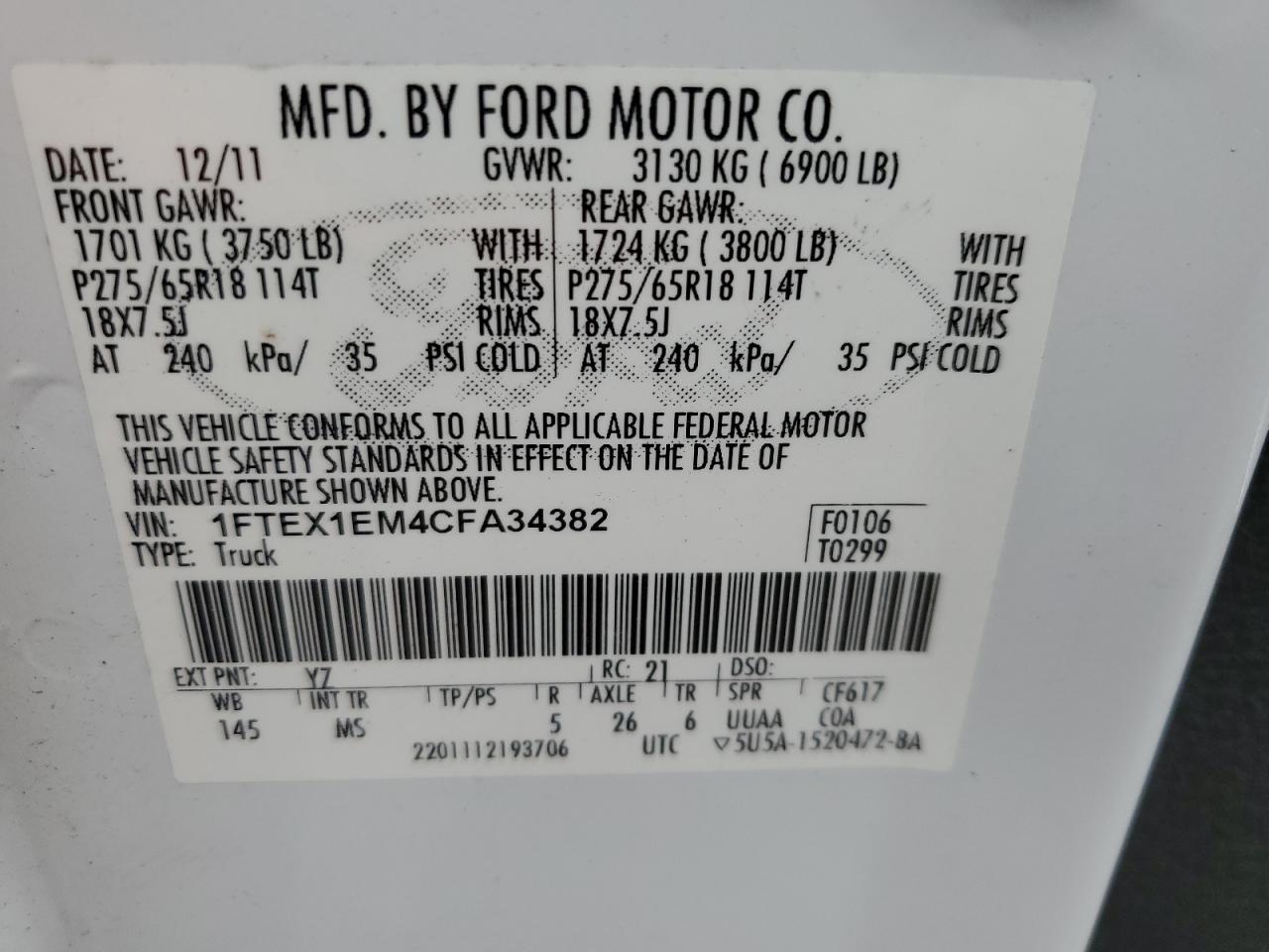 2012 Ford F150 Super Cab VIN: 1FTEX1EM4CFA34382 Lot: 78183294