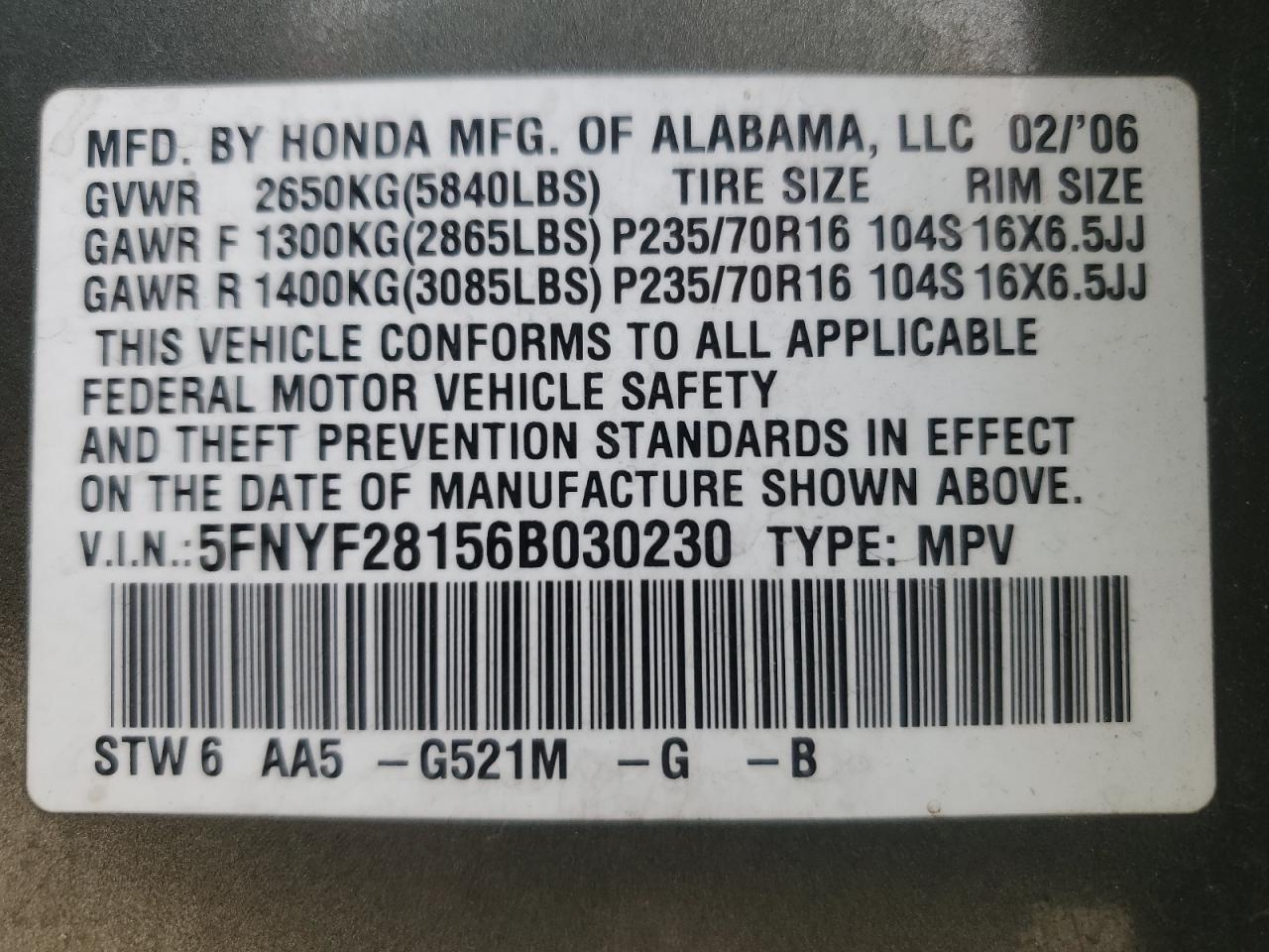 2006 Honda Pilot Lx VIN: 5FNYF28156B030230 Lot: 80756494