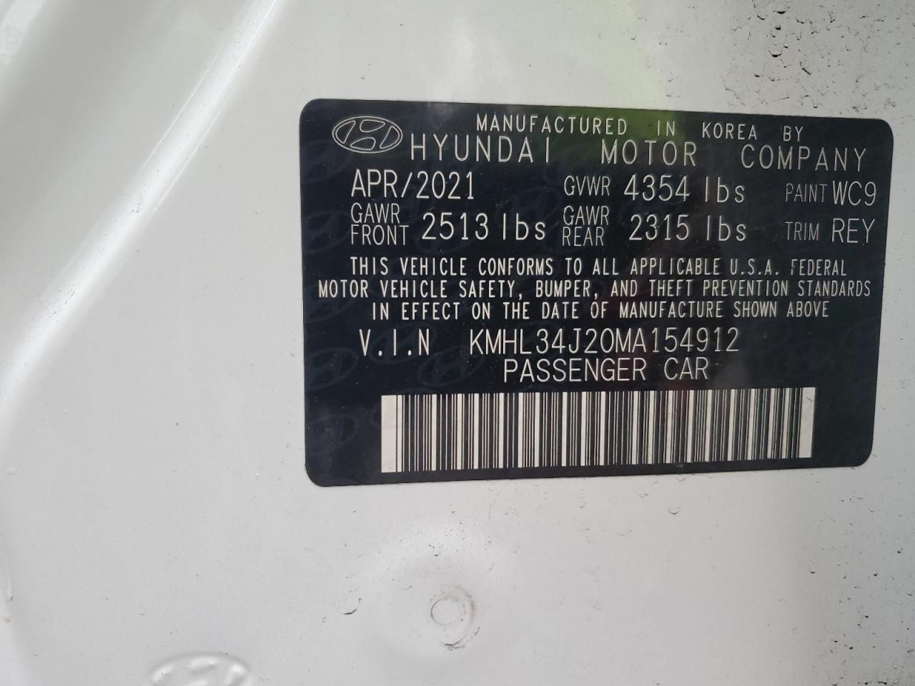 VIN KMHL34J20MA154912 2021 HYUNDAI SONATA no.13