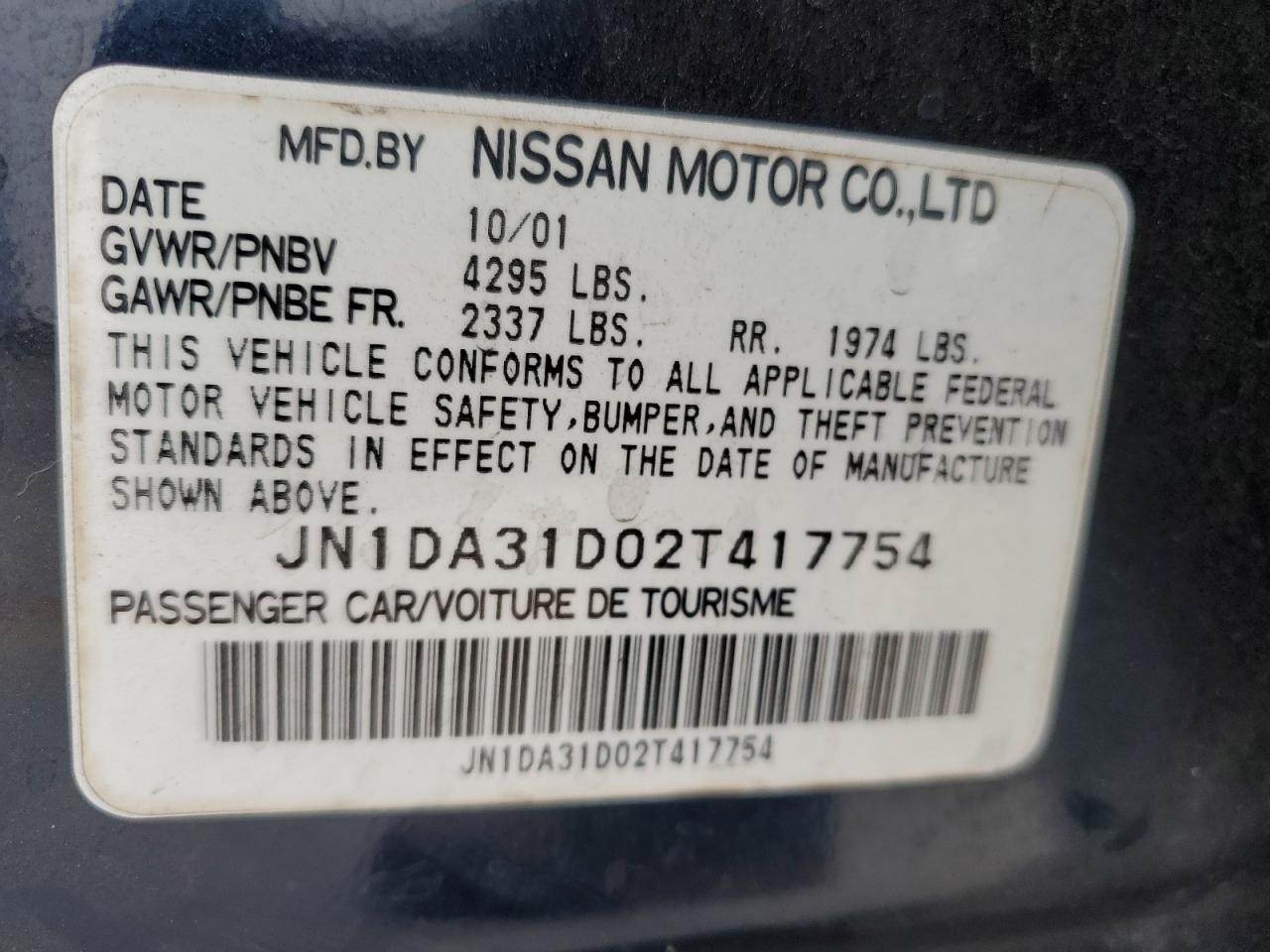 2002 Nissan Maxima Gle VIN: JN1DA31D02T417754 Lot: 80131264