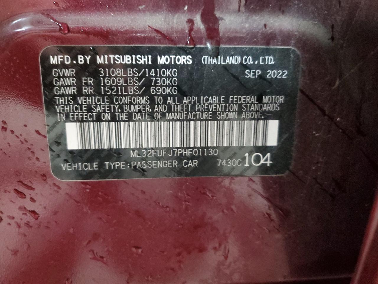 2023 Mitsubishi Mirage G4 Es VIN: ML32FUFJ7PHF01130 Lot: 79991724