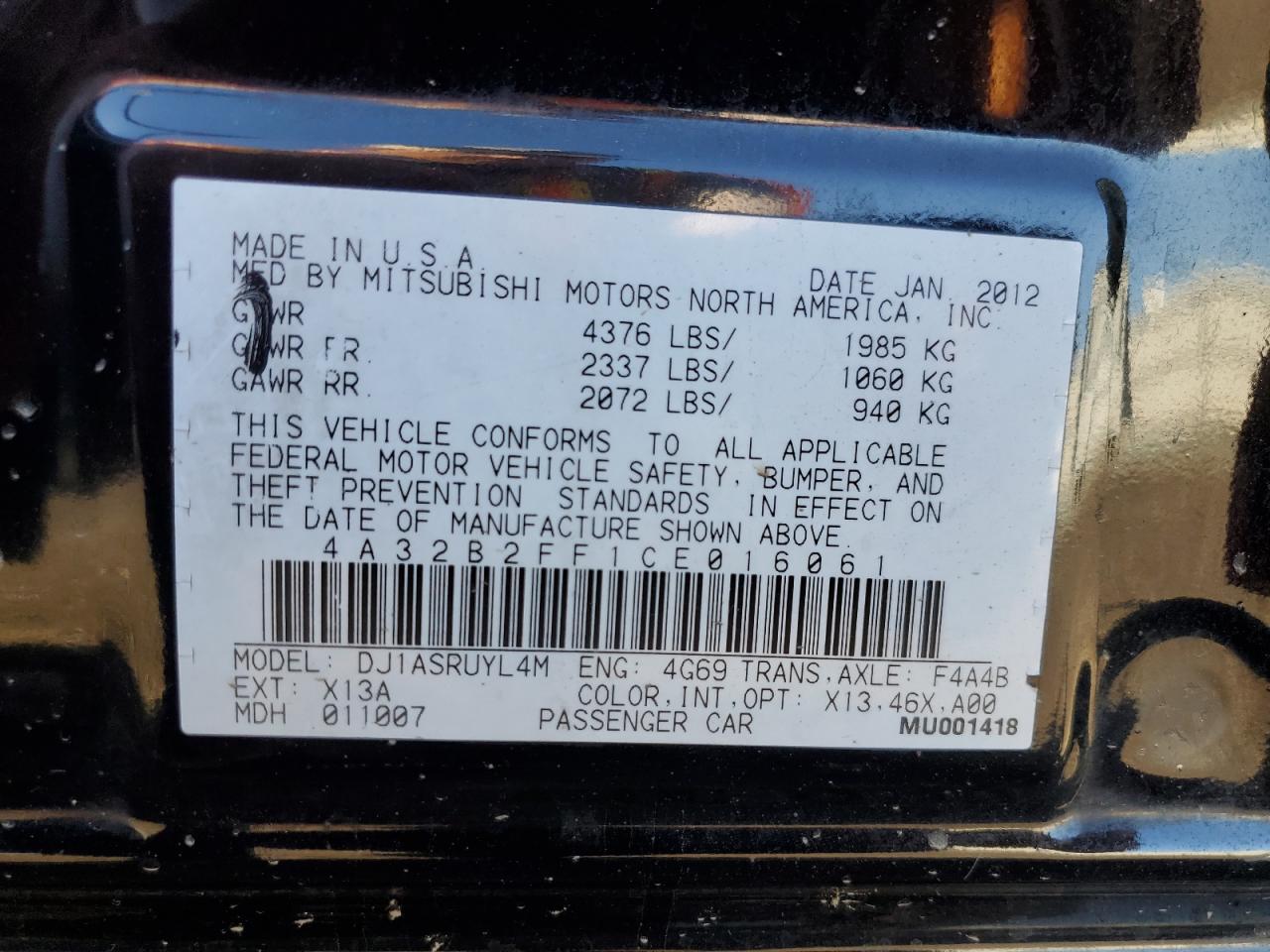 2012 Mitsubishi Galant Fe VIN: 4A32B2FF1CE016061 Lot: 78887484