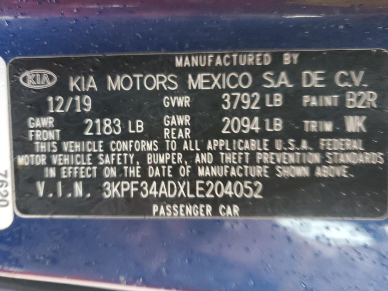 VIN 3KPF34ADXLE204052 2020 KIA FORTE no.12