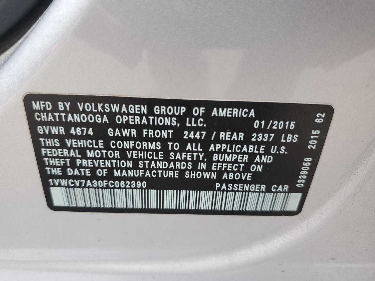 2015 Volkswagen Passat Sel VIN: 1VWCV7A30FC062390 Lot: 78312364