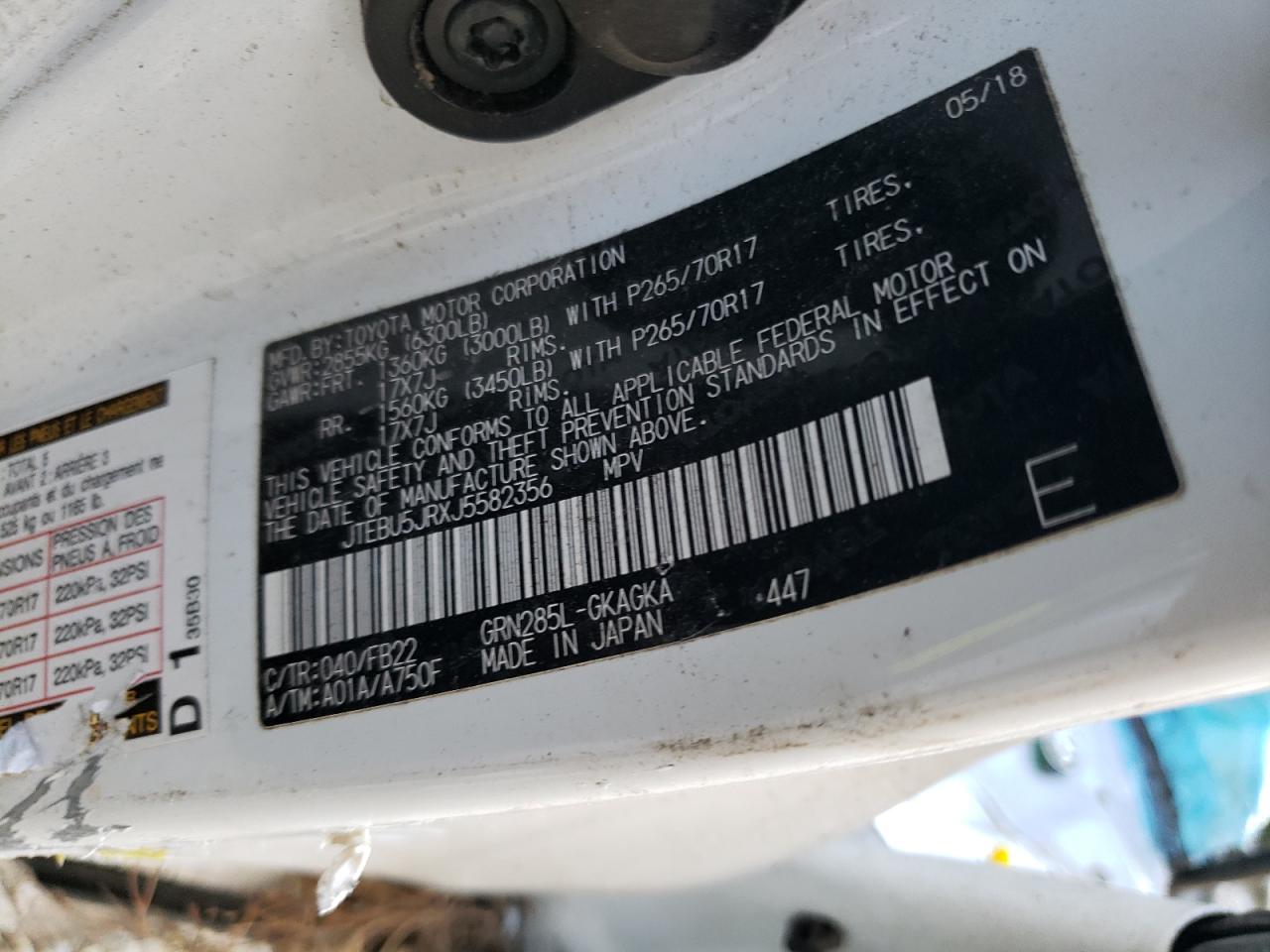 2018 Toyota 4Runner Sr5/Sr5 Premium VIN: JTEBU5JRXJ5582356 Lot: 79577924