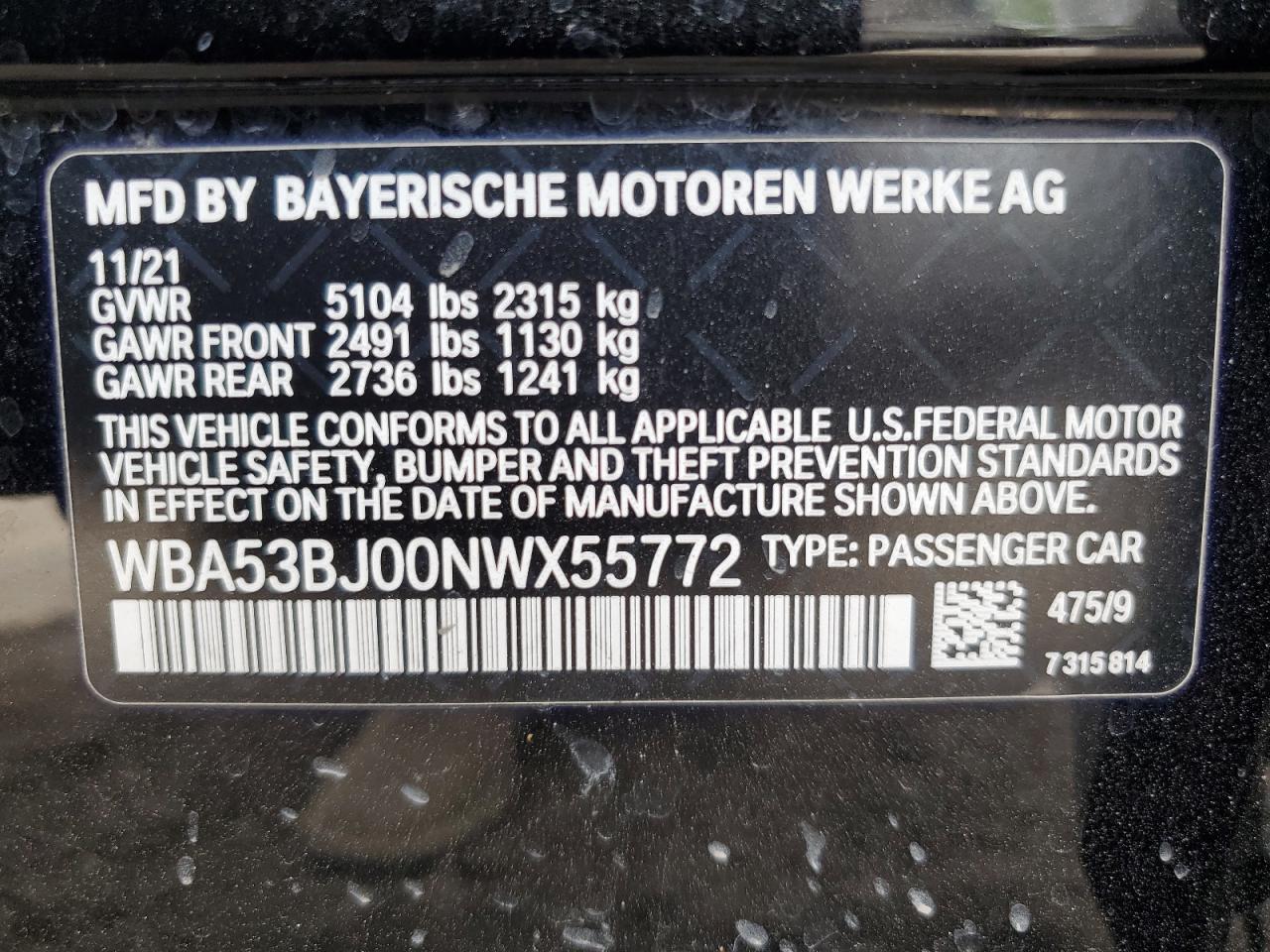 VIN WBA53BJ00NWX55772 2022 BMW 5 SERIES no.12