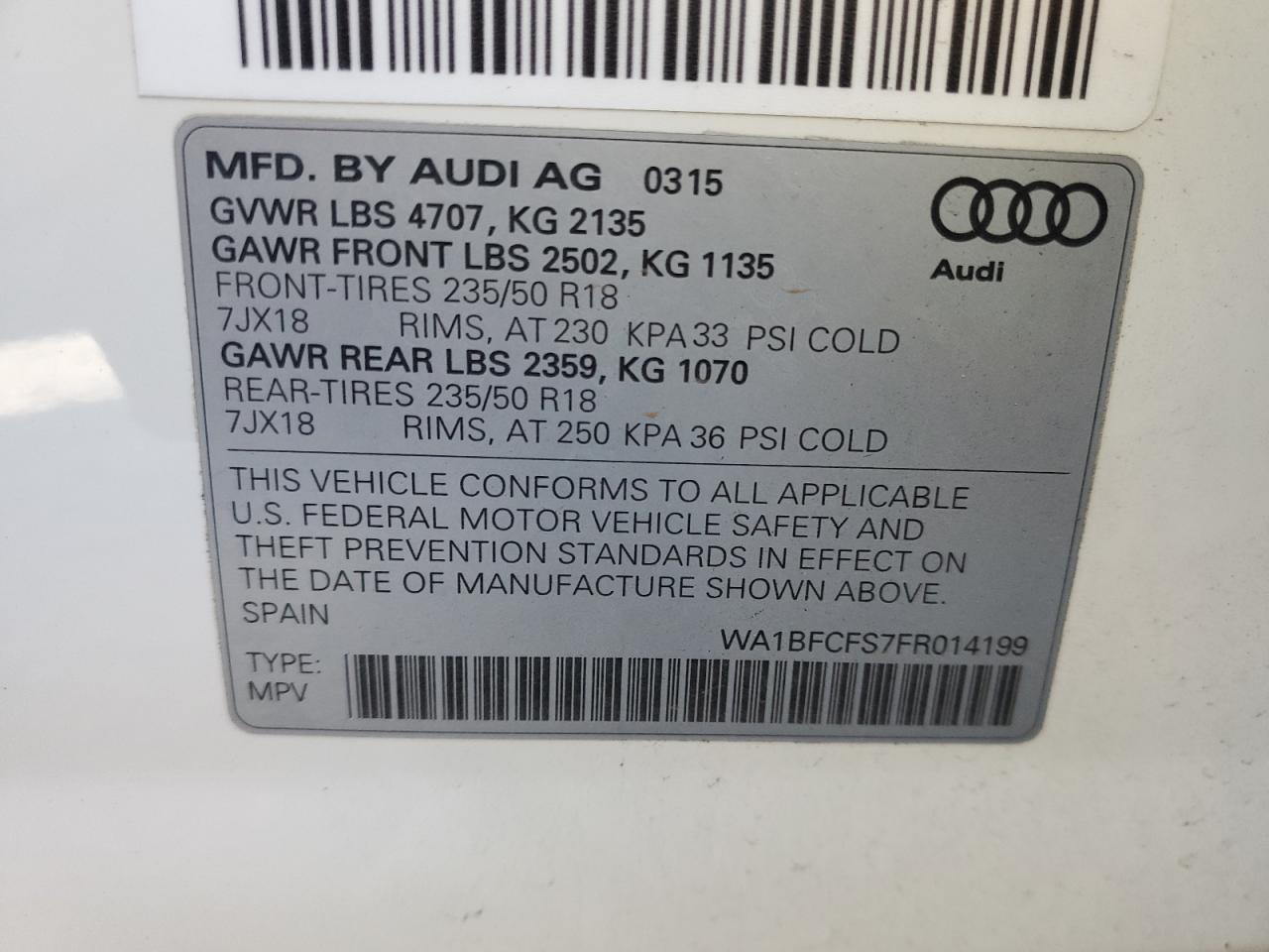 VIN WA1BFCFS7FR014199 2015 AUDI Q3 no.13