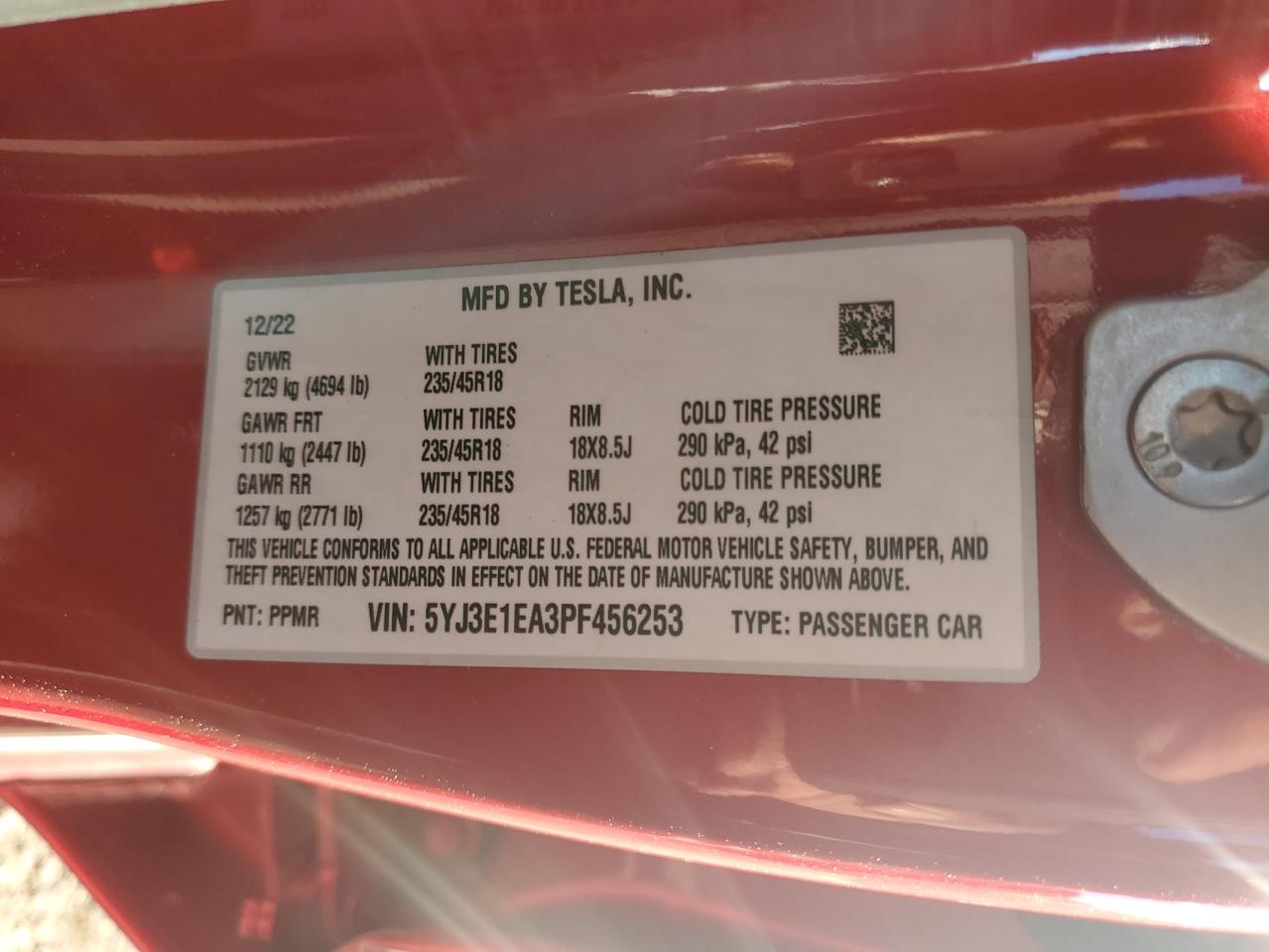 2023 Tesla Model 3 VIN: 5YJ3E1EA3PF456253 Lot: 79490614