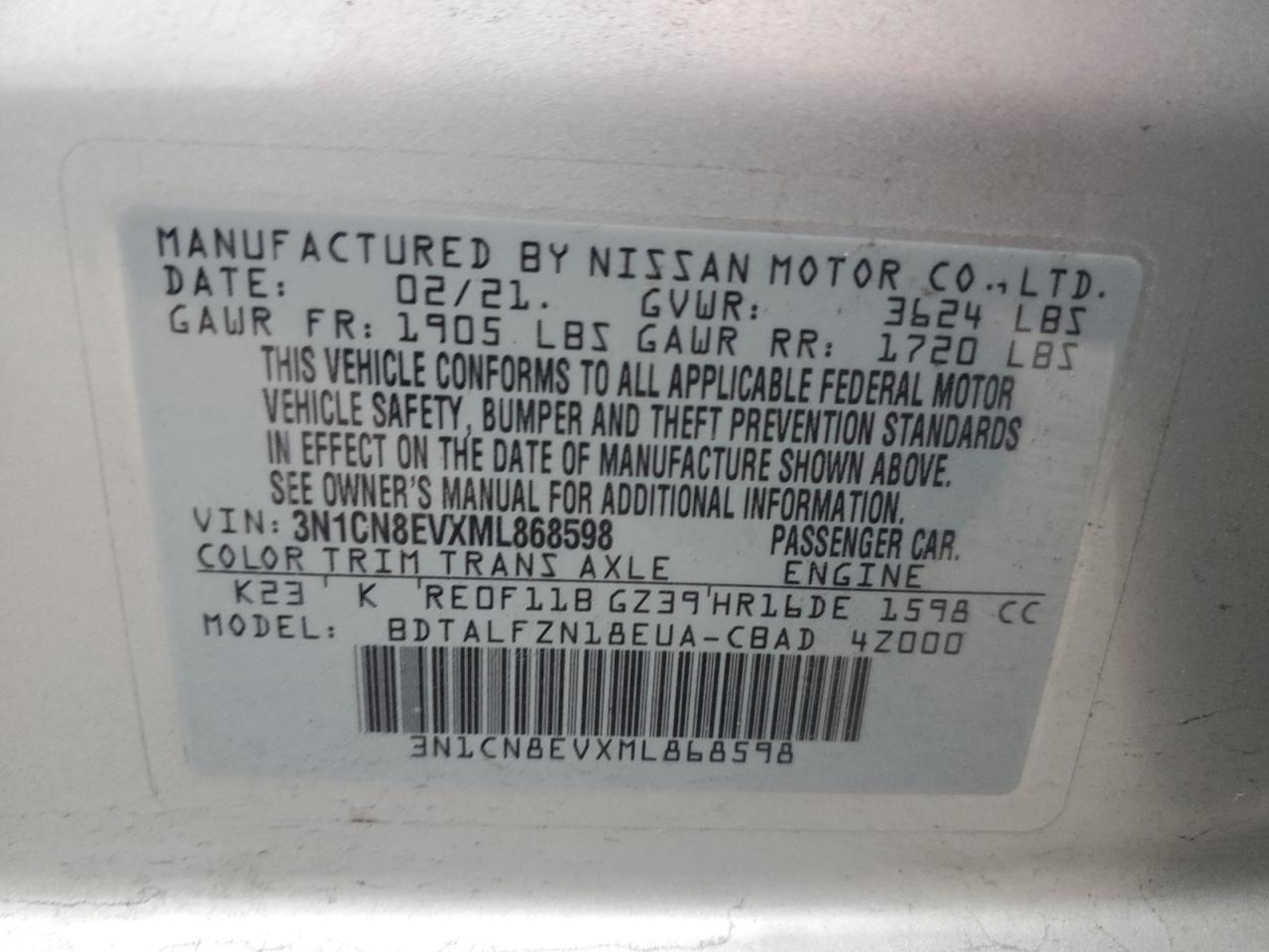 2021 Nissan Versa Sv VIN: 3N1CN8EVXML868598 Lot: 80665304