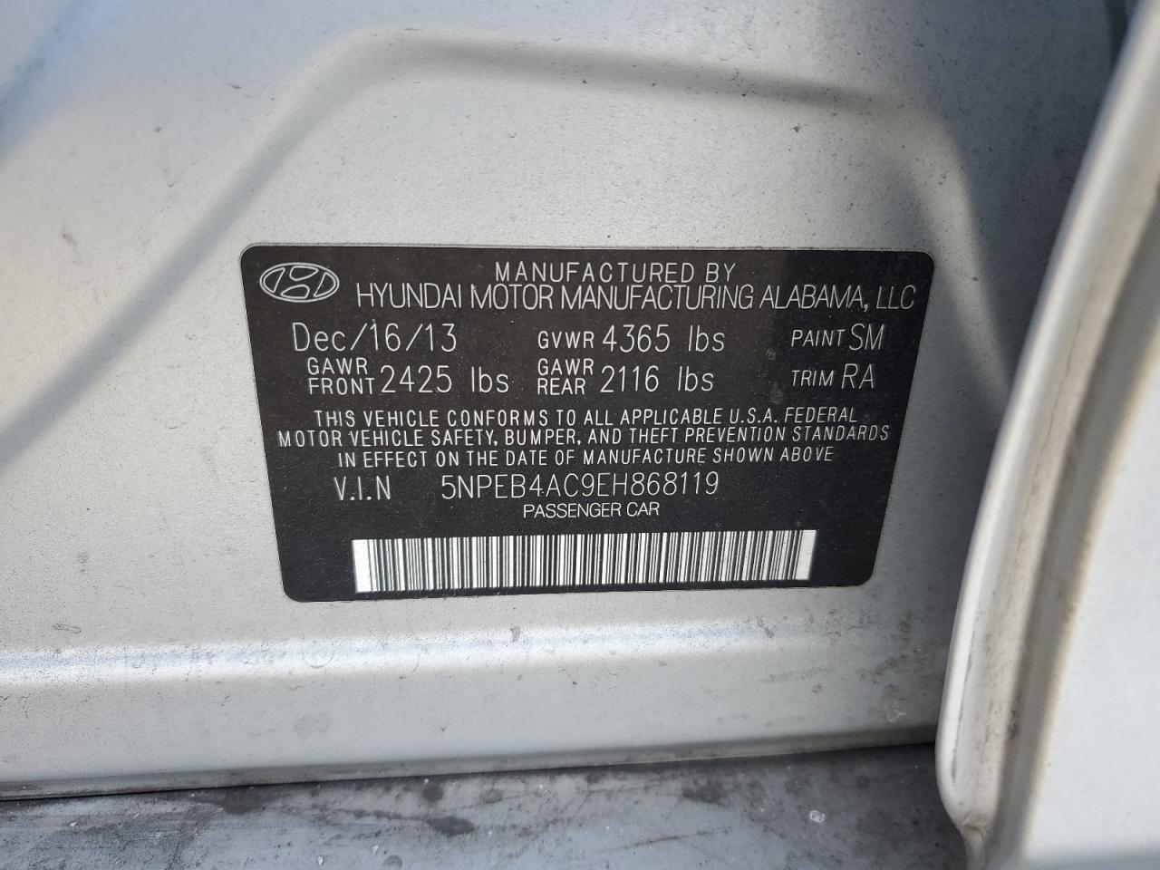 2014 Hyundai Sonata Gls VIN: 5NPEB4AC9EH868119 Lot: 78683464