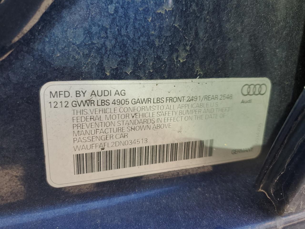 2013 Audi A4 Premium Plus VIN: WAUFFAFL2DN034513 Lot: 79071184