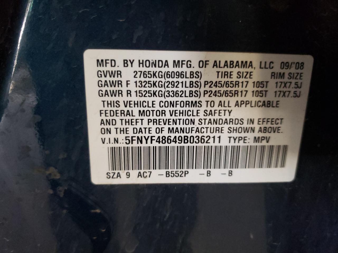 2009 Honda Pilot Exl VIN: 5FNYF48649B036211 Lot: 80107784