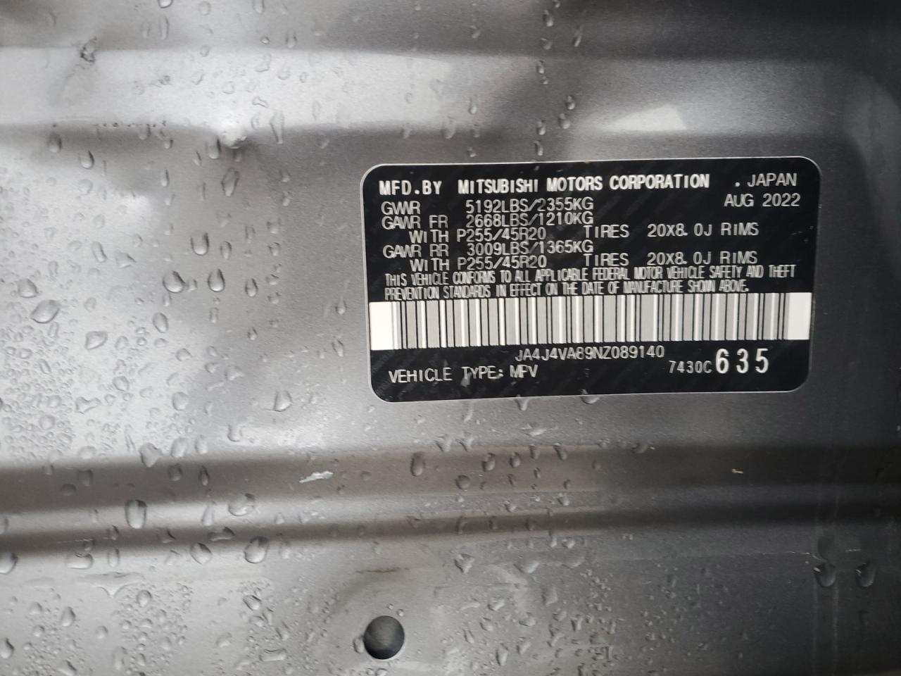 2022 Mitsubishi Outlander Sel VIN: JA4J4VA89NZ089140 Lot: 79649724