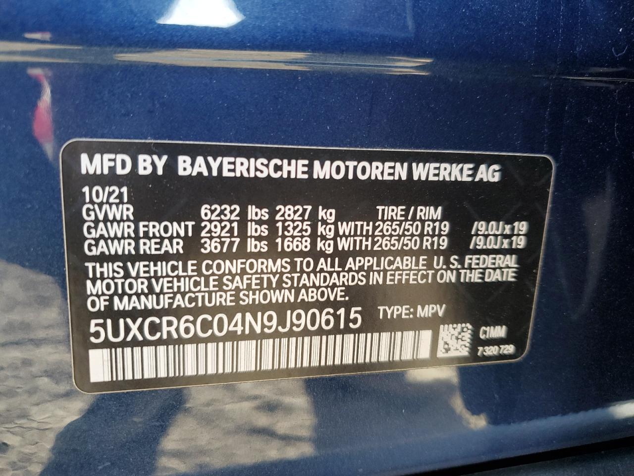 2022 BMW X5 xDrive40I VIN: 5UXCR6C04N9J90615 Lot: 80463724