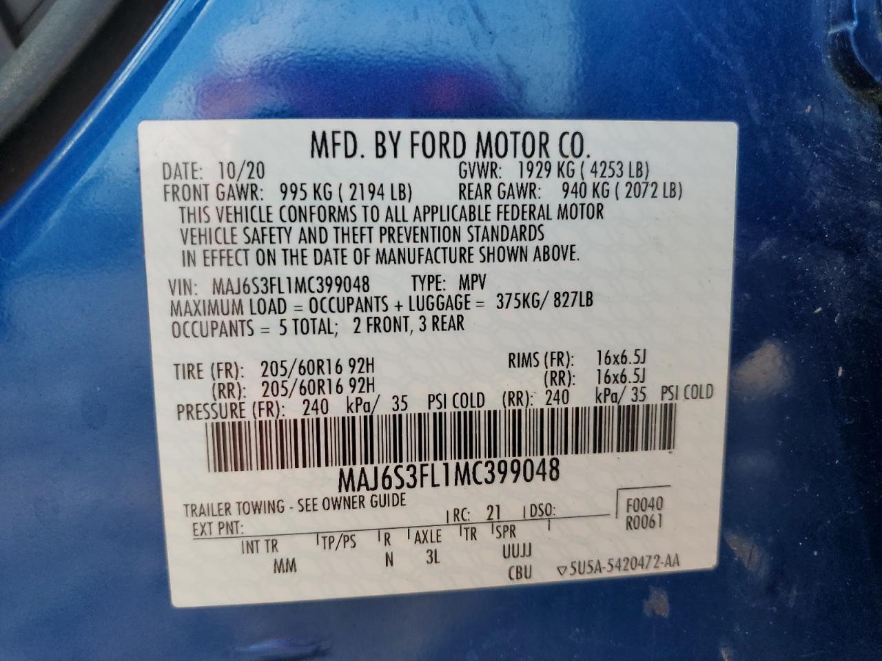 2021 Ford Ecosport S VIN: MAJ6S3FL1MC399048 Lot: 80205064