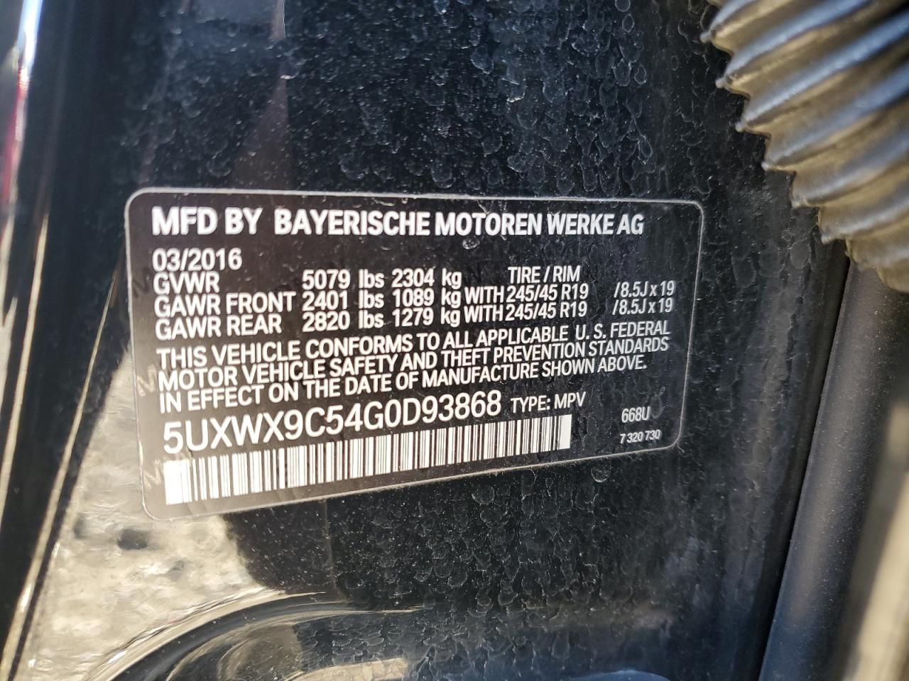 VIN 5UXWX9C54G0D93868 2016 BMW X3 no.12