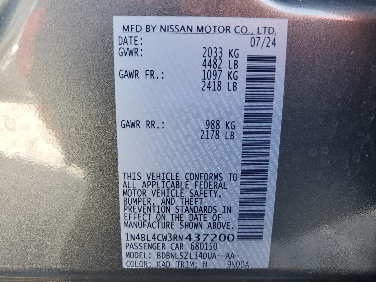 2024 Nissan Altima Sr VIN: 1N4BL4CW3RN437200 Lot: 80615684