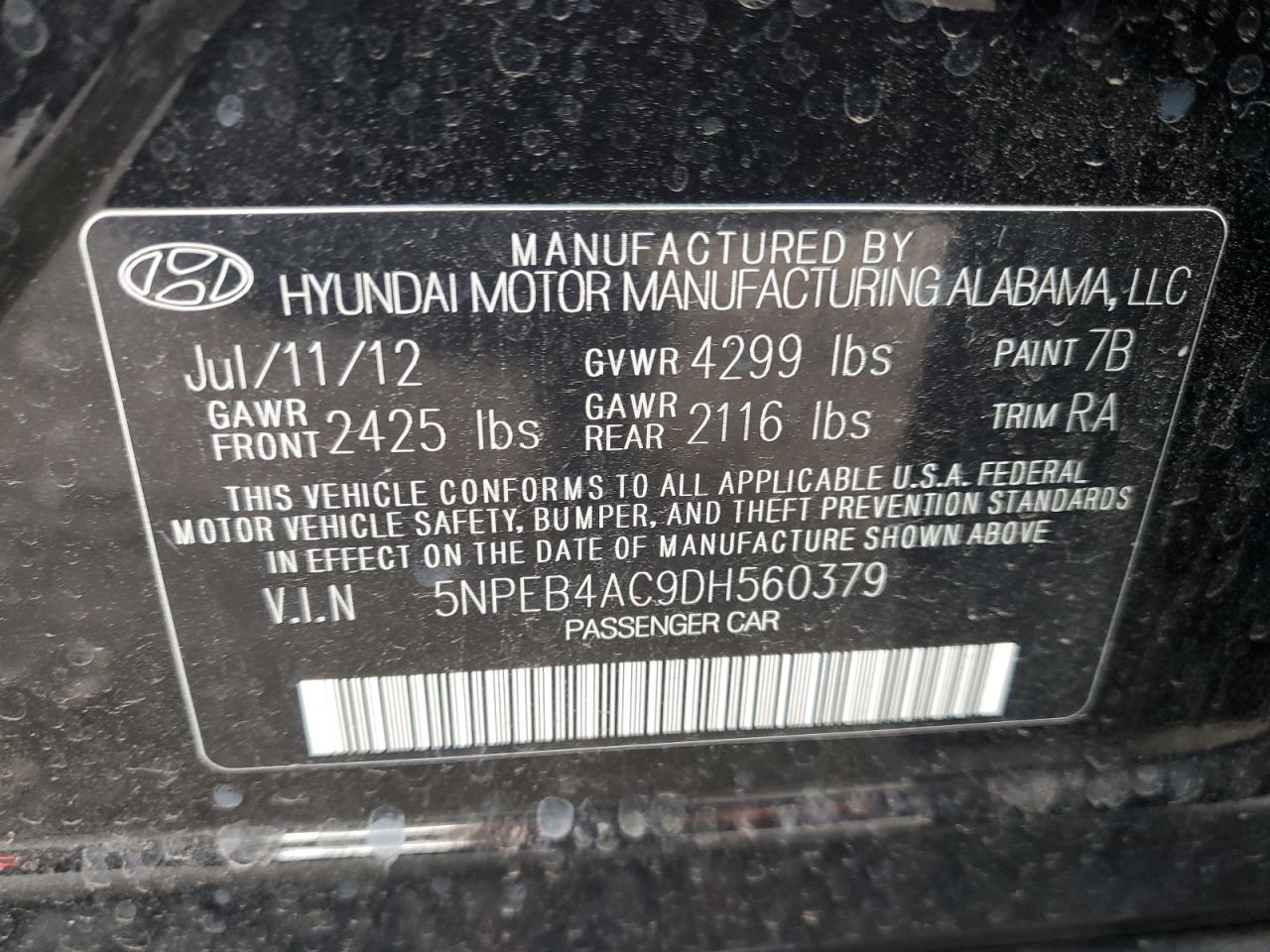 VIN 5NPEB4AC9DH560379 2013 HYUNDAI SONATA no.12