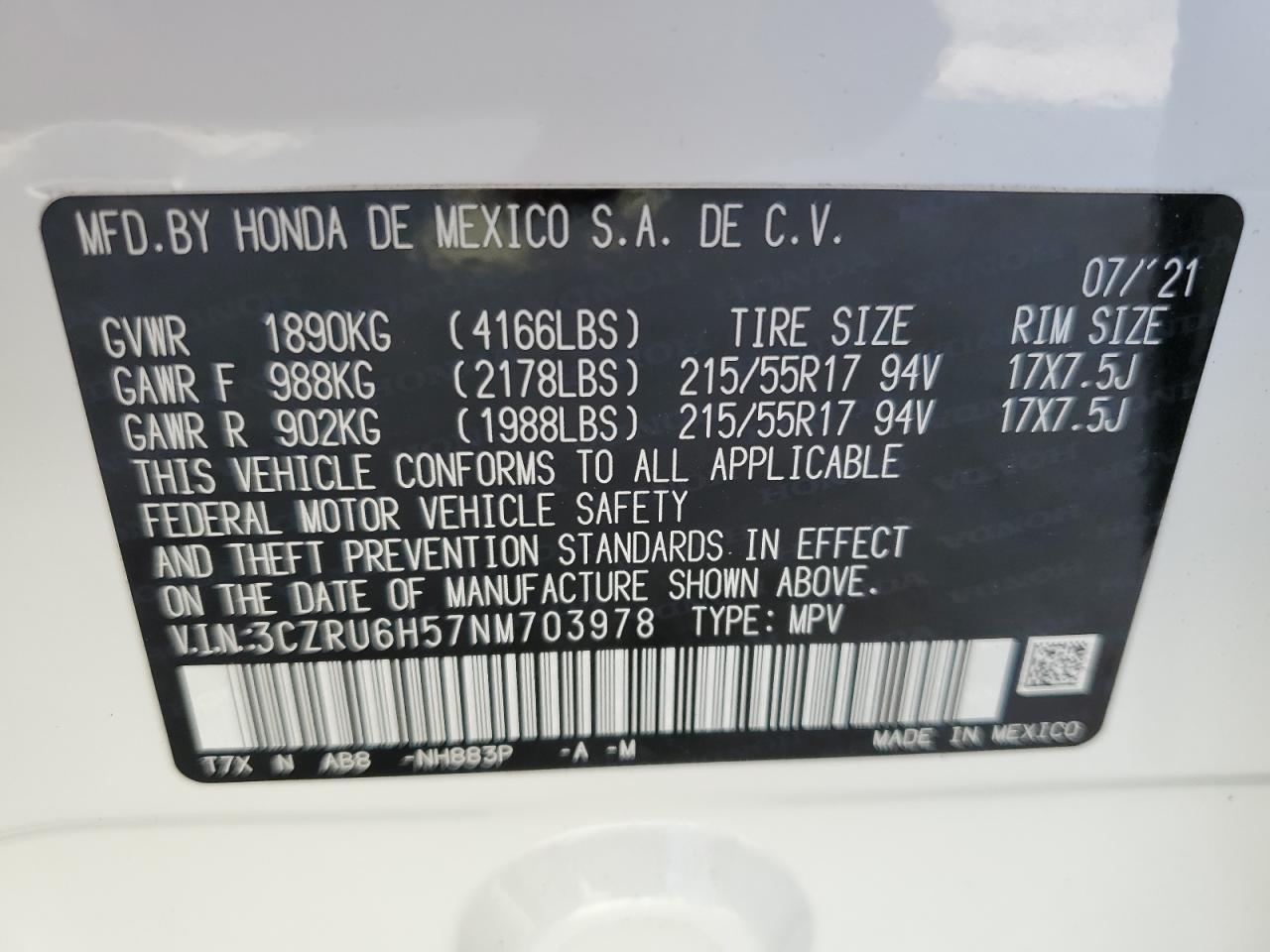 2022 Honda Hr-V Ex VIN: 3CZRU6H57NM703978 Lot: 78973584