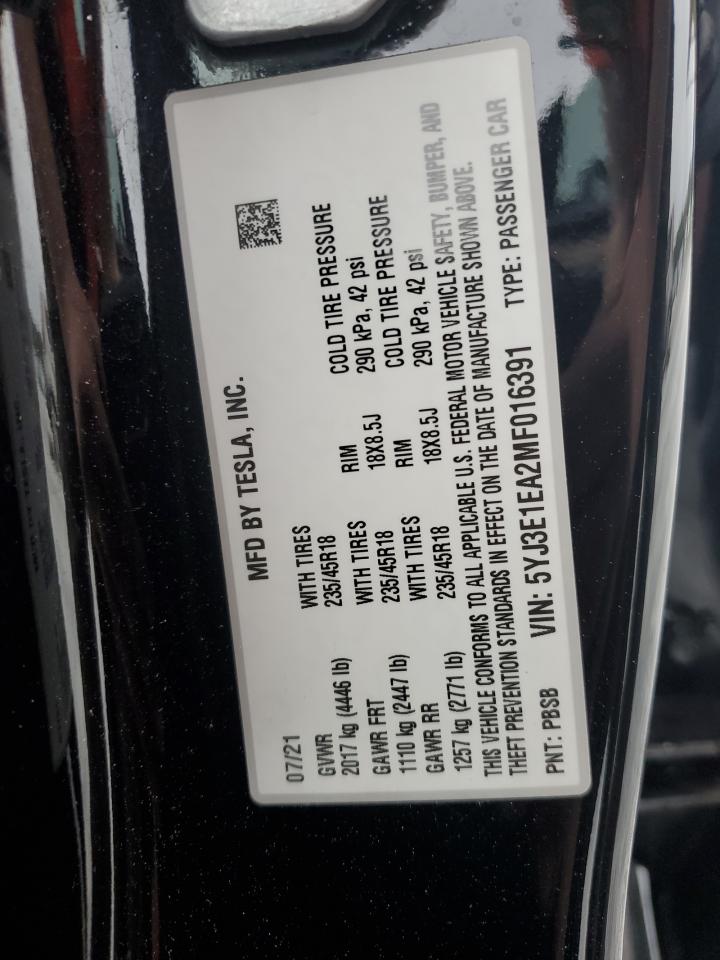 VIN 5YJ3E1EA2MF016391 2021 TESLA MODEL 3 no.12