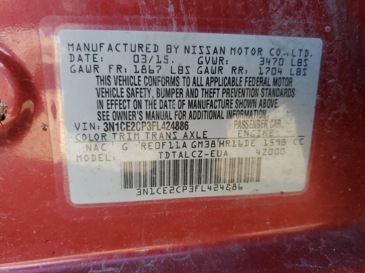 VIN 3N1CE2CP3FL424886 2015 NISSAN VERSA no.12