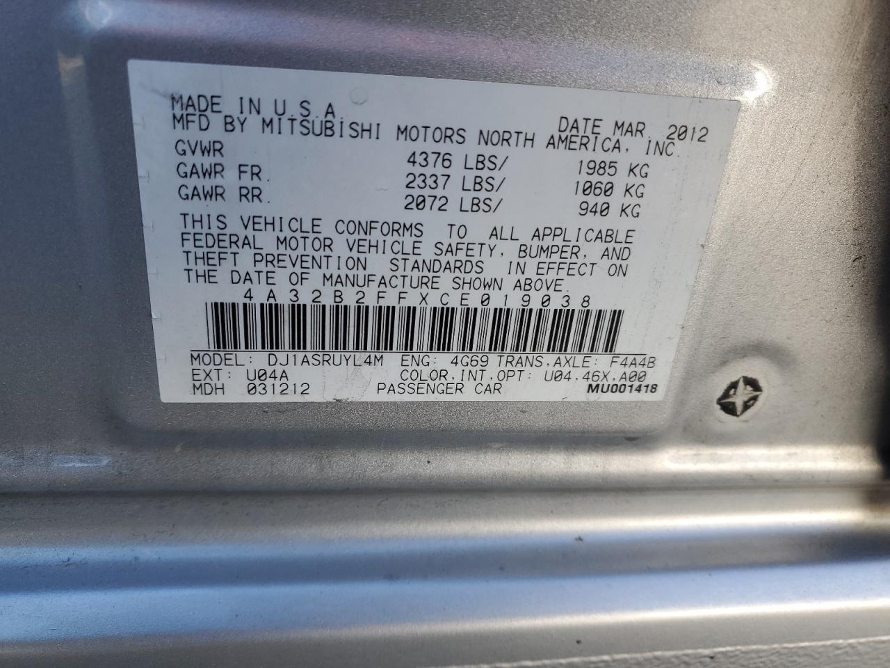 2012 Mitsubishi Galant Fe VIN: 4A32B2FFXCE019038 Lot: 79912184